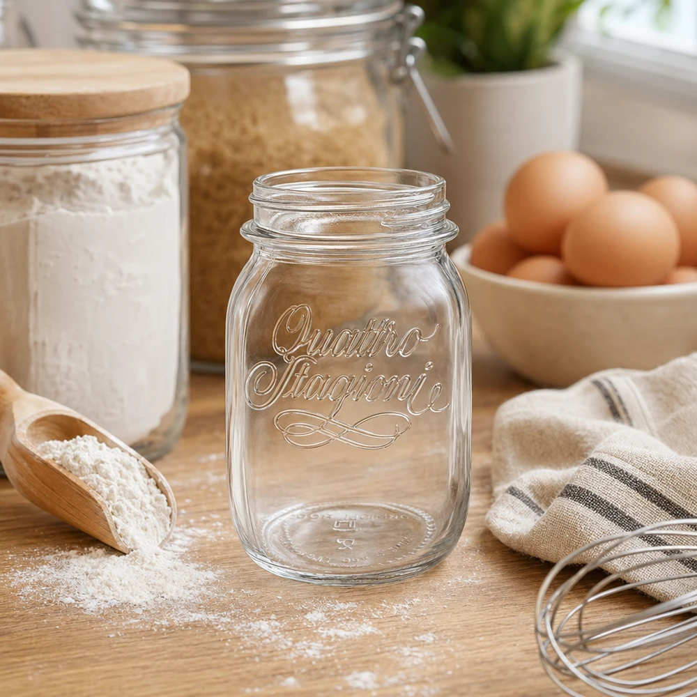 500ml Quattro Stagioni huishoudglas op een houten tafel met keukengerei, eieren en bloem op de achtergrond