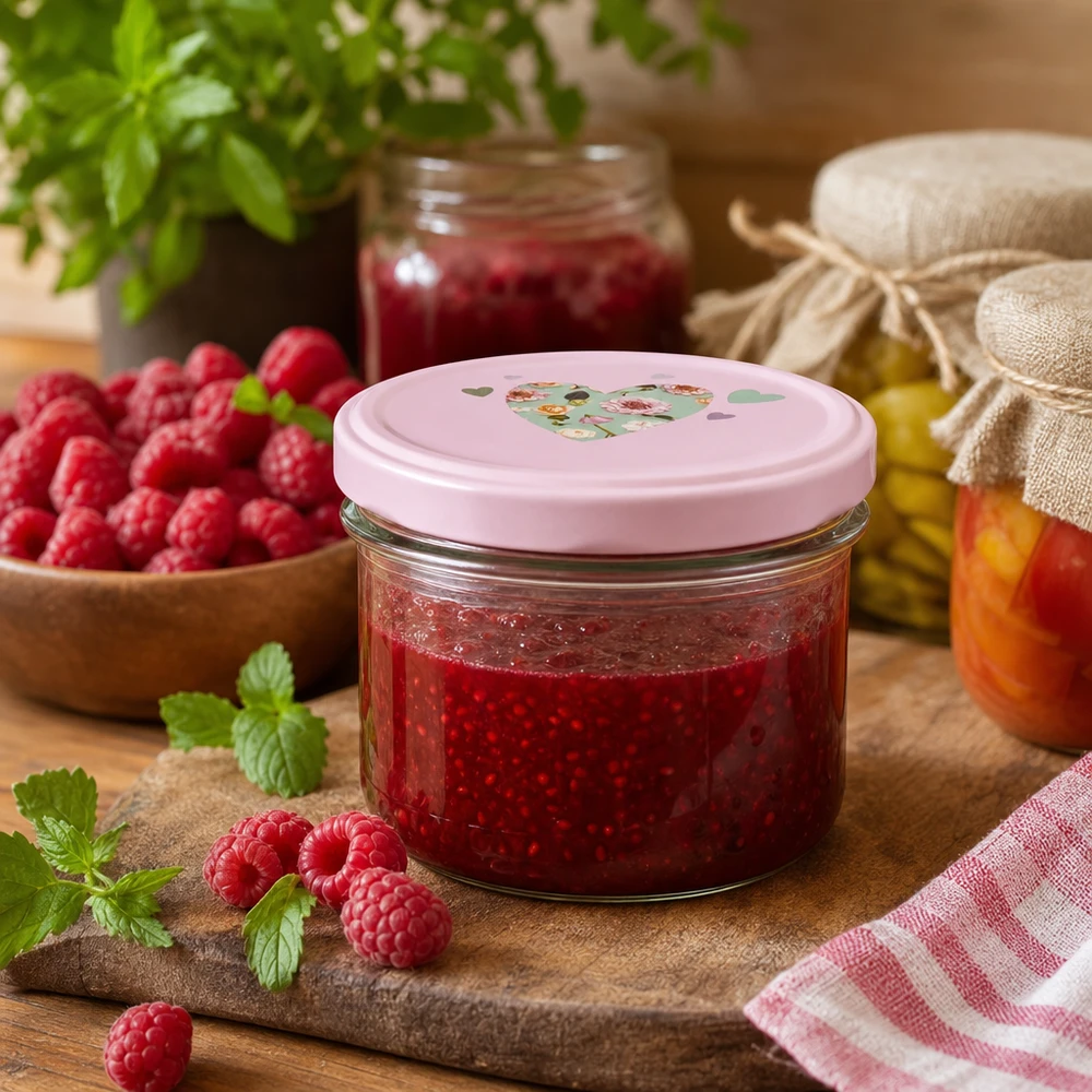 Glazen van 225 ml + BasicSeal-deksel met roze hart UNiTWIST Zelfgemaakte frambozenjam in een 225 ml mason jar met een roze BasicSeal hartvormige deksel, omringd door verse frambozen
