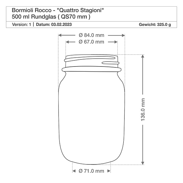 500 ml rond glas "Quattro Stagioni" met deksel Technische tekening 500ml Quattro Stagioni rond glas met afmetingen diameter 84mm hoogte 136mm Bormioli Rocco