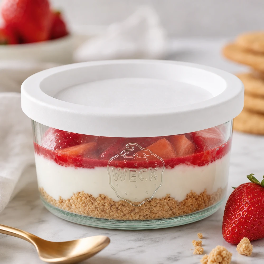 WECK 165ml RR80 bekers als dessertschaal met aardbeien en biscuitbodem naast een gouden lepel op marmer