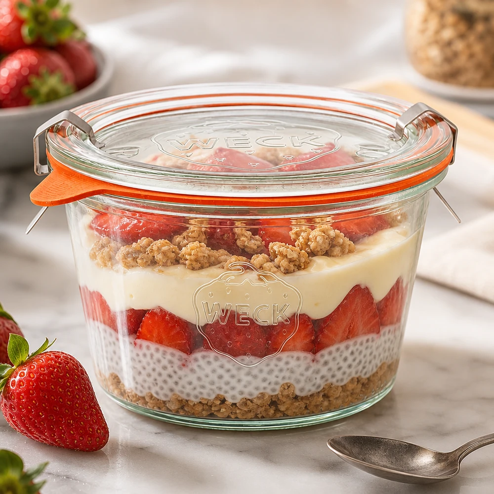 370ml stortglas compleet WECK RR100 WECK beker 370ml RR100 met gelaagd dessert van chia pudding en aardbeien toont veelzijdig gebruik als portie pot