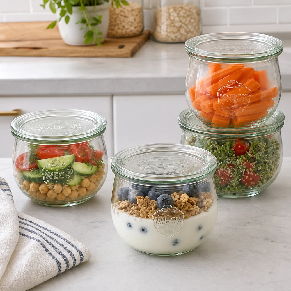 580ml tulpenglas met glazen deksel WECK RR100 WECK tulpenpotten 580ml RR100 als praktische maaltijdverpakkingen met salade, yoghurt en groenten in de moderne keuken