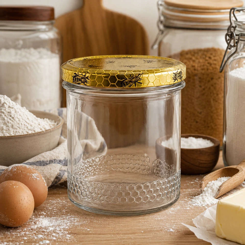 Lege 400ml honingpot met gouden honingraatdeksel in rustieke keuken, bakingrediënten en eieren voor bijenteelt