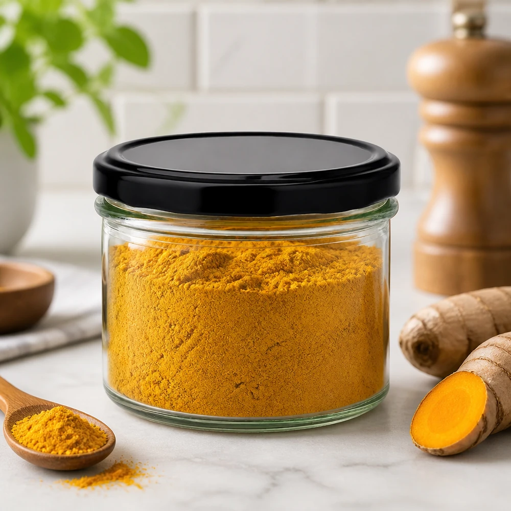 225ml bekers met BasicSeal deksel zwart UNiTWIST Trommels van 225 ml met zwart deksel gevuld met kurkumapoeder - kruidenopslag in de keuken