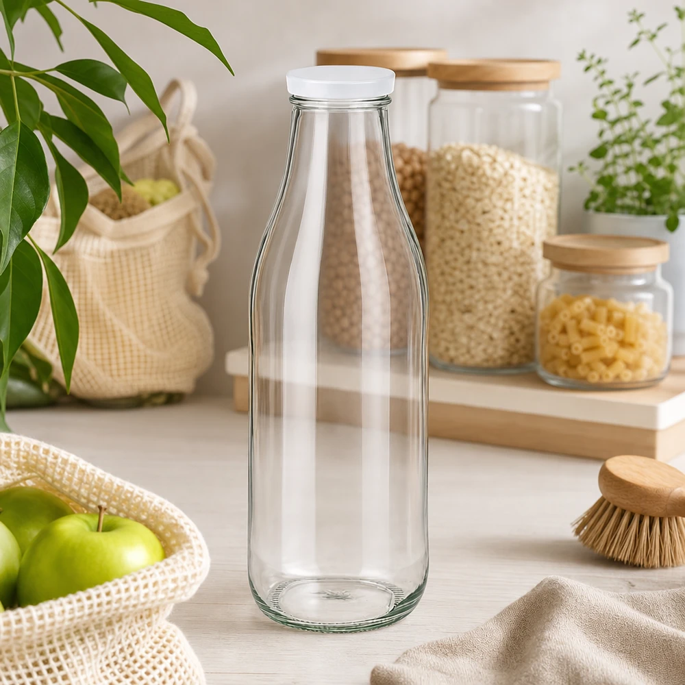 1000ml fles met BasicSeal deksel wit UNiTWIST 1000ml glazen fles leeg met wit BasicSeal deksel duurzame keuken zero waste lifestyle opslag