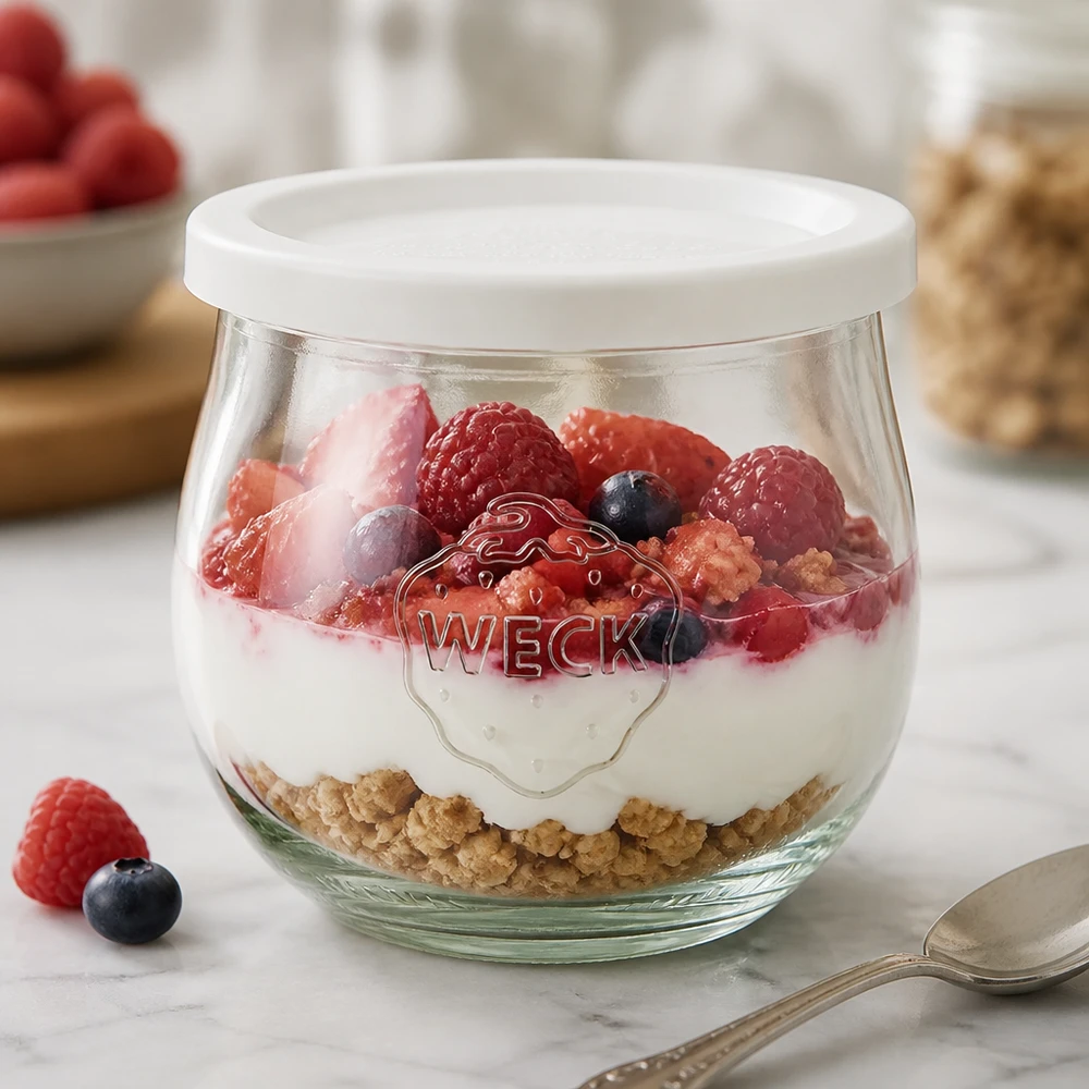 WECK tulp pot 370ml als dessert schaal gevuld met yoghurt en bessen, witte vershoud deksel RR80 zichtbaar