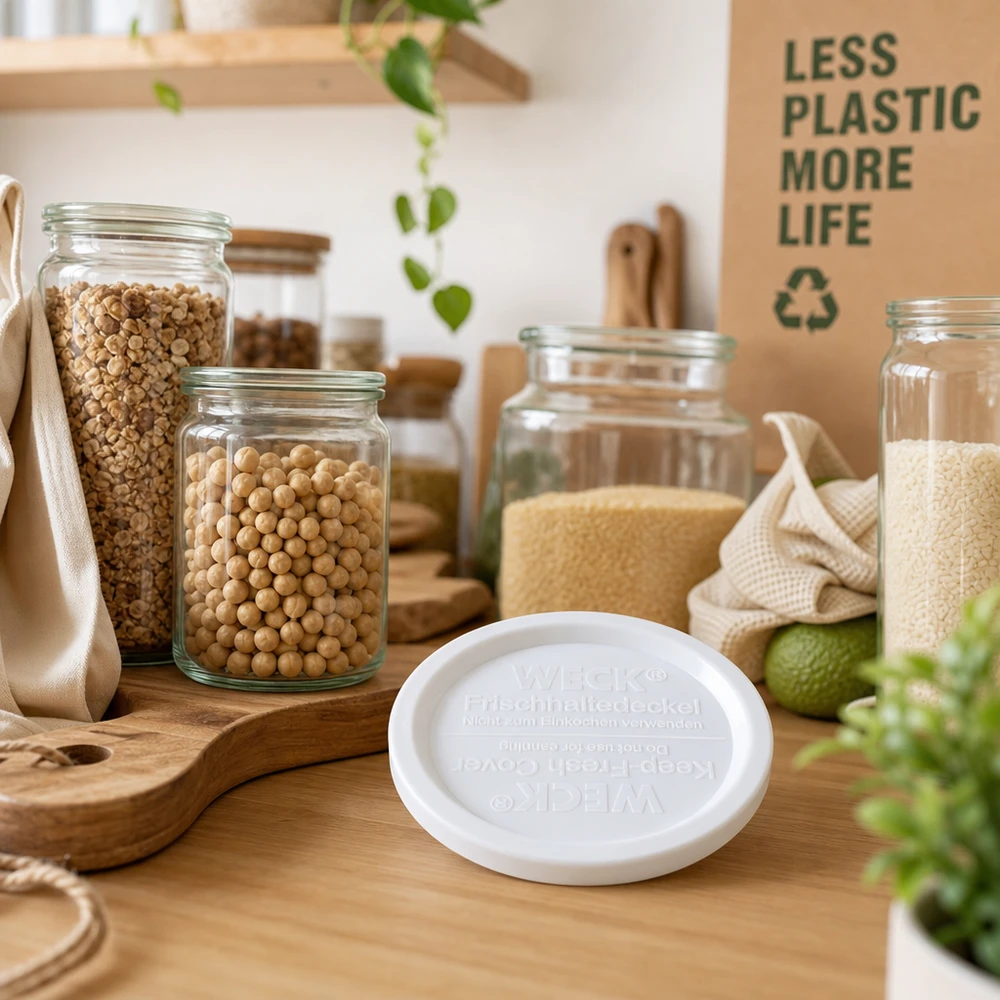 WECK vershoudend deksel RR120 WECK REX keep-fresh deksel RR120 wit in duurzame zero-waste keuken met voorraadpotten en houten keukengerei