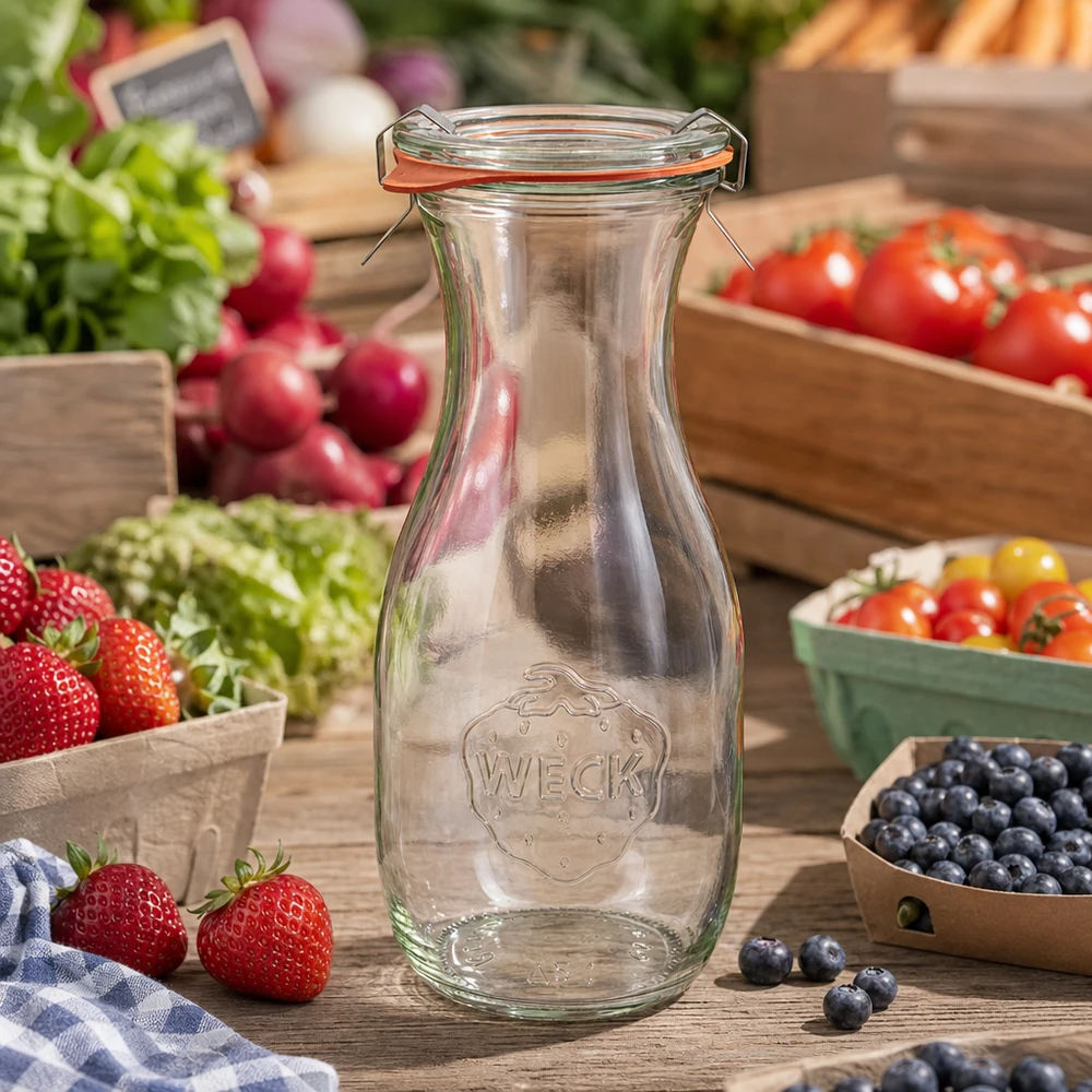 530 ml sapfles, compleet WECK RR60 WECK sapfles 530ml RR60 leeg met draaidop tussen vers fruit en groenten op een houten tafel