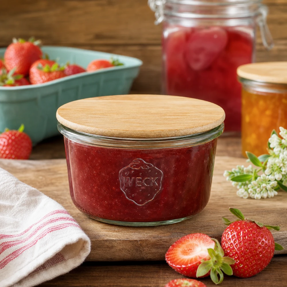 WECK RR80 inmaakpot met aardbeienjam en bamboe deksel in een rustieke keukenscène met vers fruit