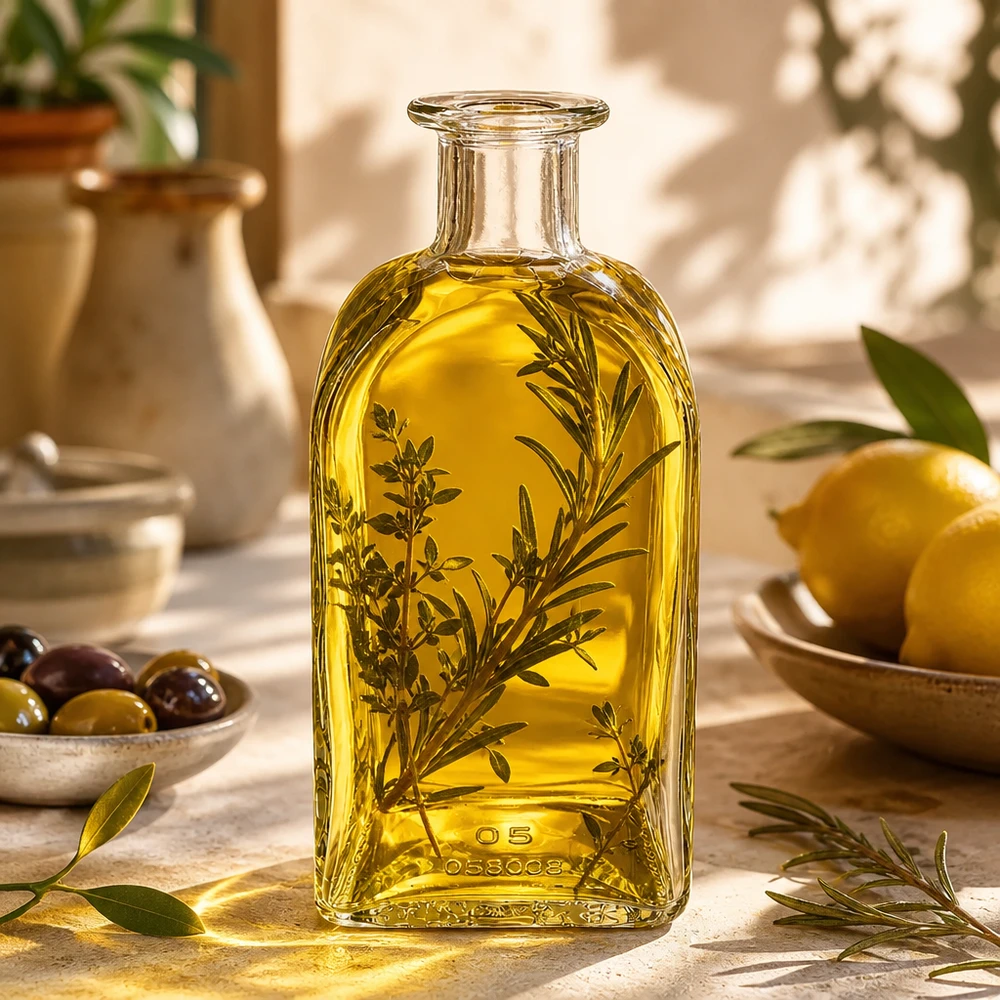 500 ml Apothekersfles Julia zonder sluiting UNiTWIST® 500ml glazen fles Julia gevuld met olijfolie en kruiden Mediterrane keuken met olijven en citroenen