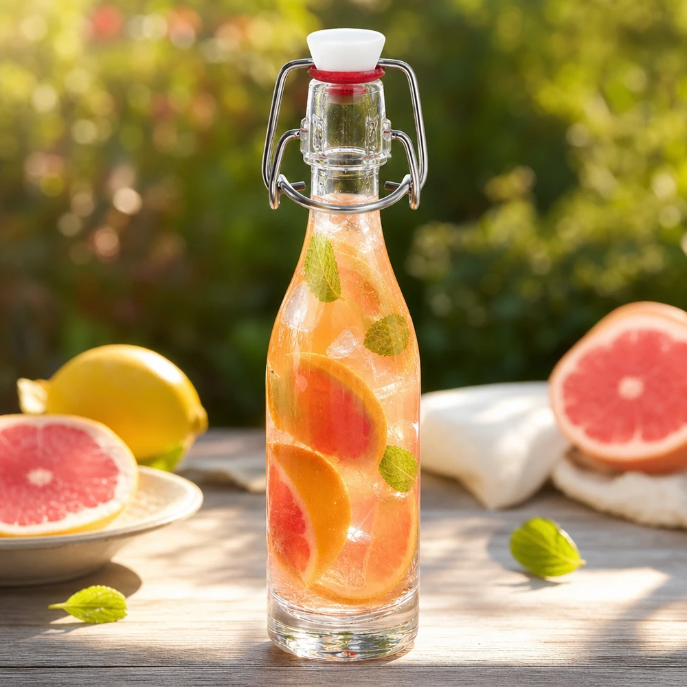Glazen flesje 50ml + draaidop PVC UNiTWIST Glazen flesje van 50 ml met PVC draaidop gevuld met grapefruit-muntwater in een zomerse tuinsfeer