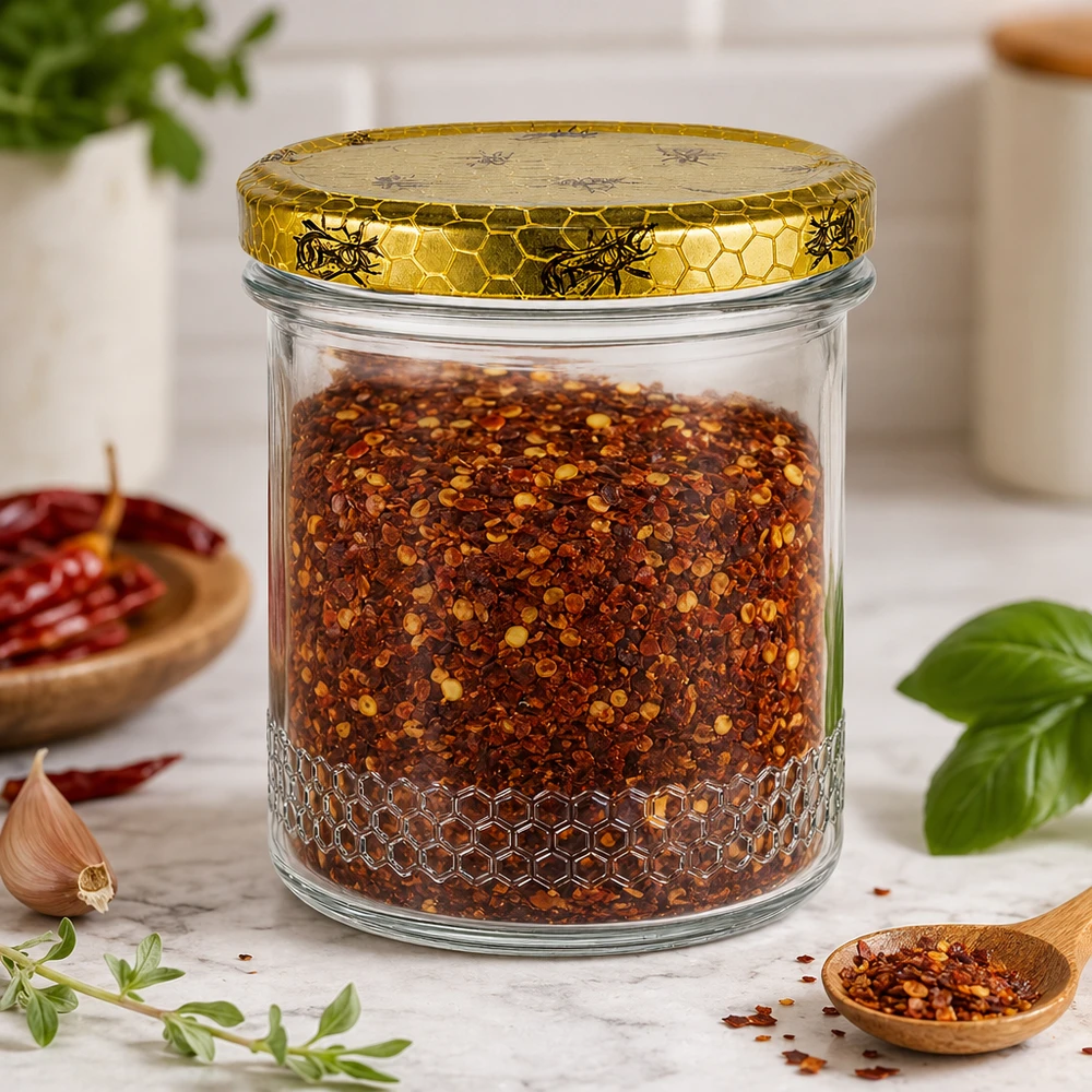 400 ml honingpot gevuld met chilikruidenmix, honingraatdeksel, keukenscène met kruiden en houten lepel