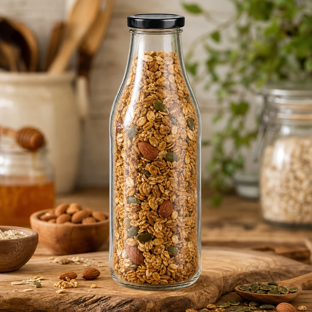 1000ml fles met BasicSeal deksel zwart UNiTWIST 1000ml glazen fles met zwart deksel gevuld met muesli en notenmix om voedsel in te bewaren