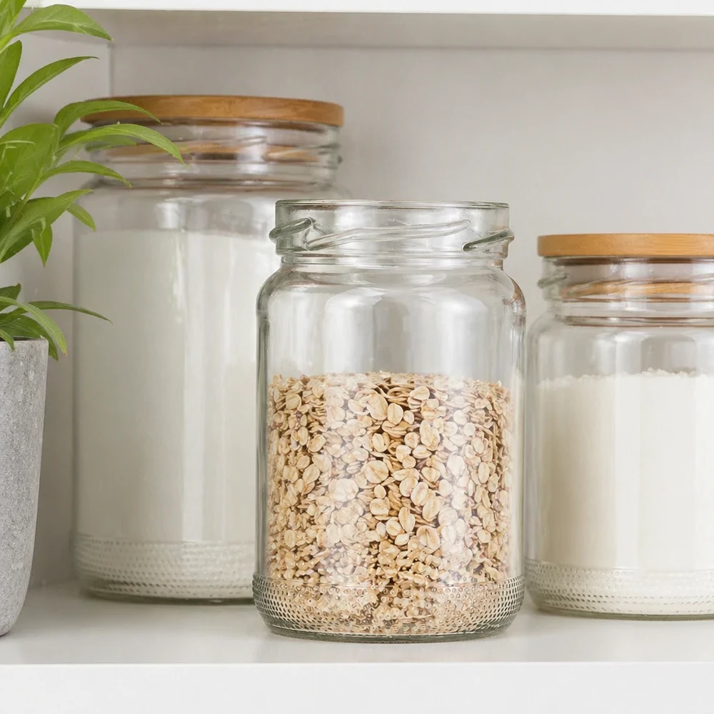 110ml rond glas zonder deksel (TO48) UNiTWIST Ronde pot 110ml met bamboe deksel gevuld met havervlokken naast andere voorraadpotten in de moderne keuken