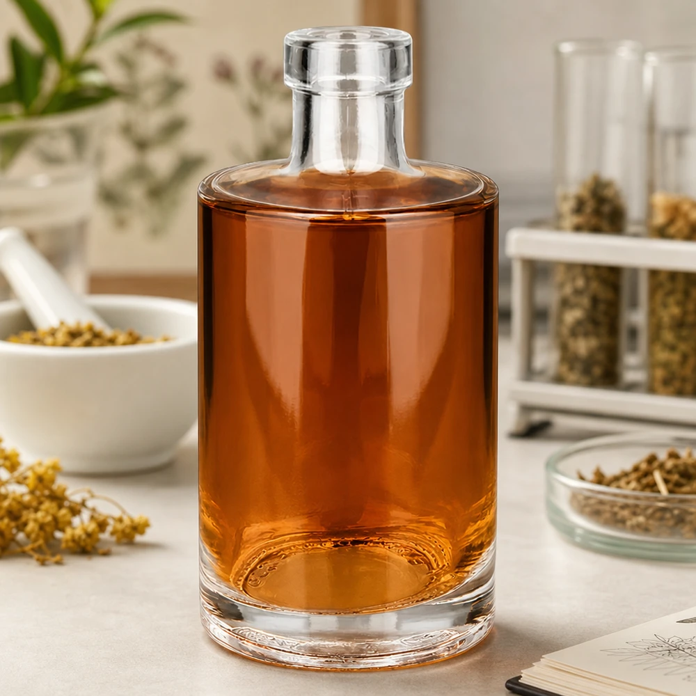 350 ml glazen fles Marie zonder sluiting UNiTWIST® 350ml glazen fles Marie met amberkleurige inhoud op aanrecht tussen specerijen en kruiden Afbeelding 5 van 10