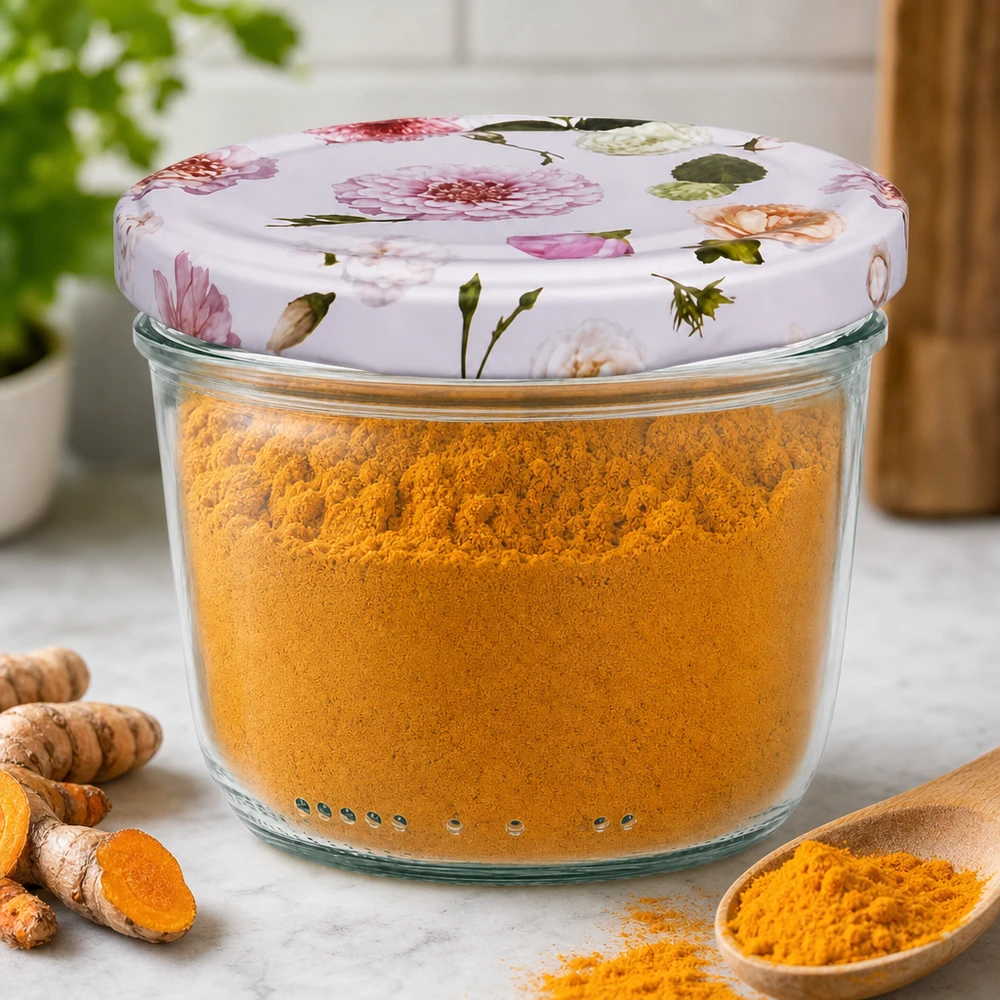 Glazen van 230 ml + BasicSeal-deksel roze... Tumblers 230ml gevuld met kurkuma poeder BasicSeal deksel bloemmotief kruidenpotje voorraadpotje keuken