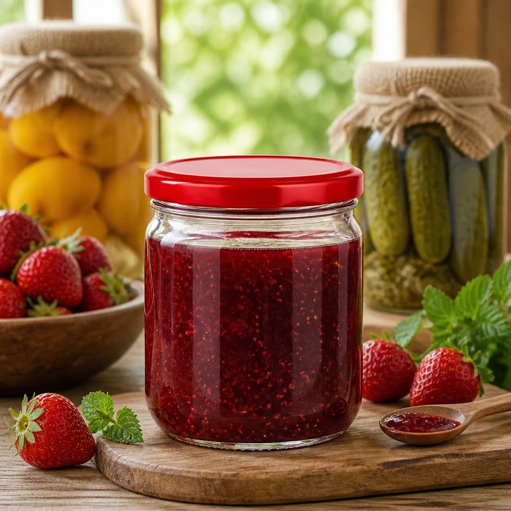 425ml rond glas met BasicSeal deksel rood UNiTWIST 425 ml ronde pot met rood BasicSeal deksel gevuld met aardbeienjam - UNiTWIST inmaakpot voor jam en gelei