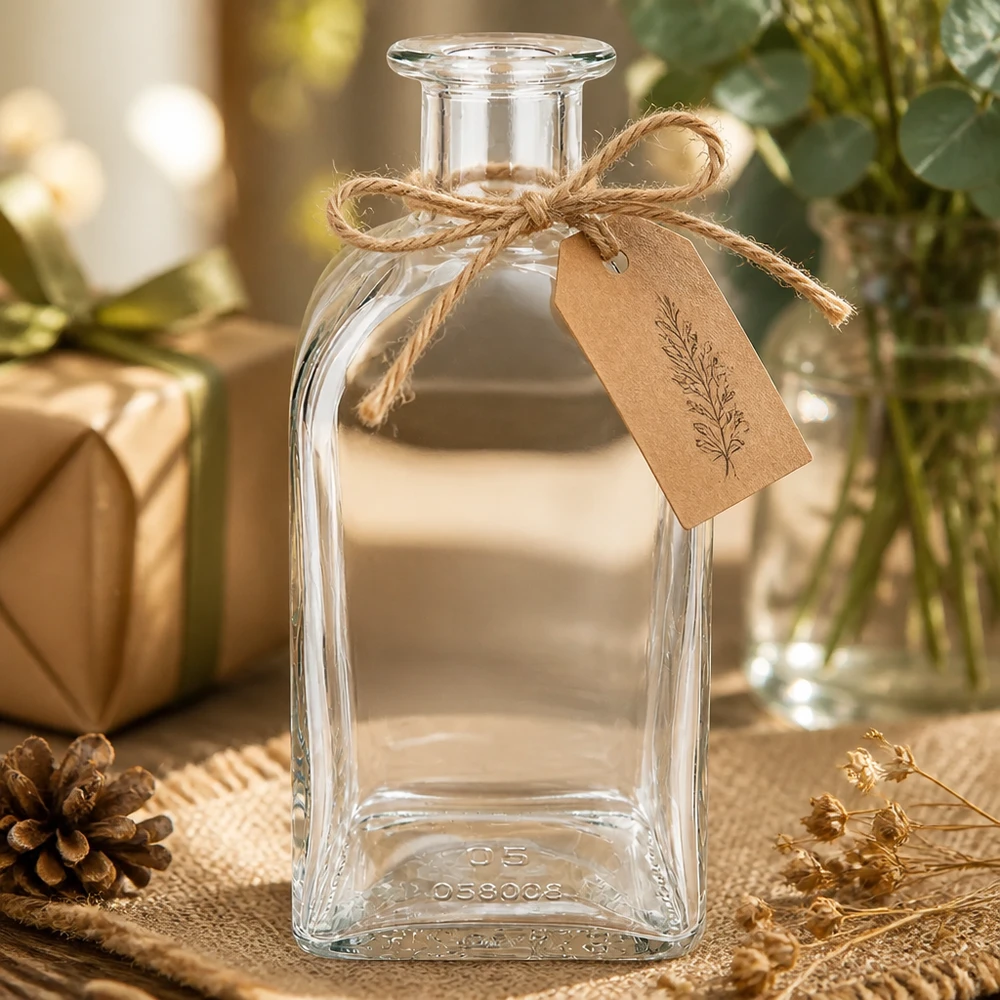 500 ml Apothekersfles Julia zonder sluiting UNiTWIST® 500ml Julia glazen fles met rustieke decoratie Hanger van kraftpapier en jute koord op een natuurlijke houten achtergrond