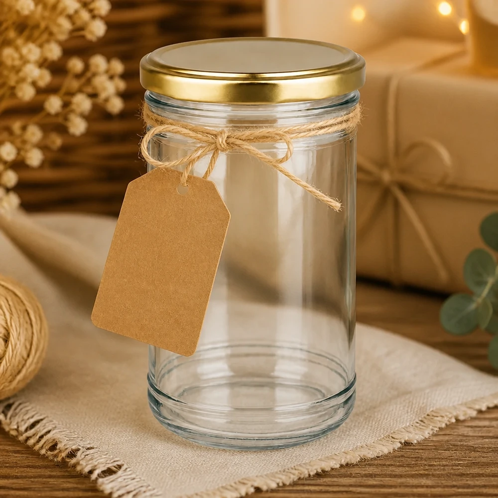 1053ml beker met BasicSeal deksel goud UNiTWIST 1053ml bekers gedecoreerd met een gouden BasicSeal deksel en kraftpapier label als doe-het-zelf cadeauverpakking