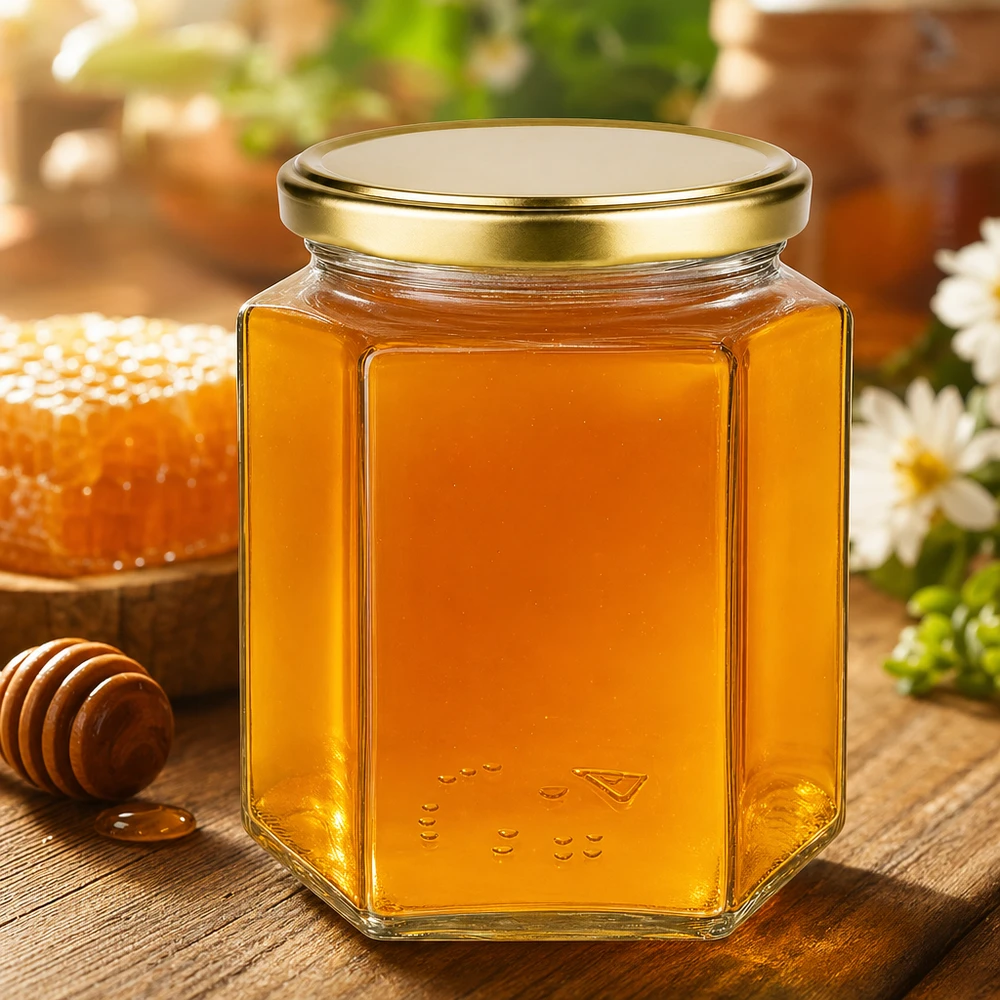 Honingpot 500 g met gouden deksel BasicSeal UNiTWIST 500g Honigglas BasicSeal mit goldenem Deckel gefüllt mit Honig neben Bienenwabe und Honiglöffel auf Holztisch