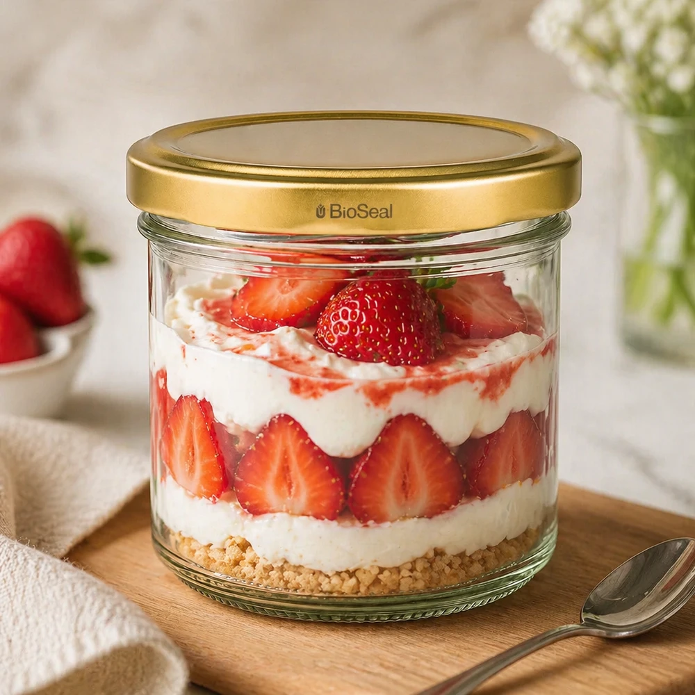 UNiTWIST 125ml dessertpot met aardbeien trifle - gouden TO66 deksel op houten plank met lepel en decoratie