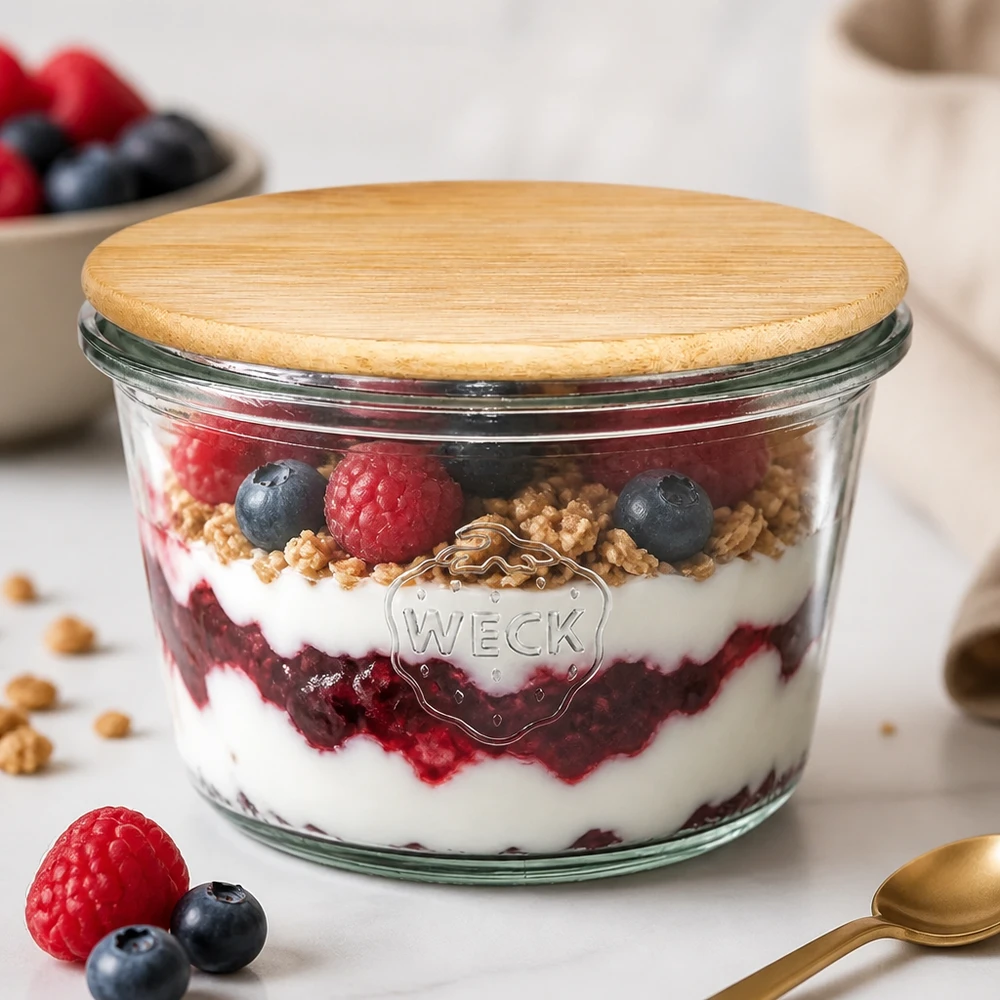 WECK RR100 bekers 370ml met bamboe deksel gevuld met gelaagde bessen muesli dessert - yoghurt granola frambozen