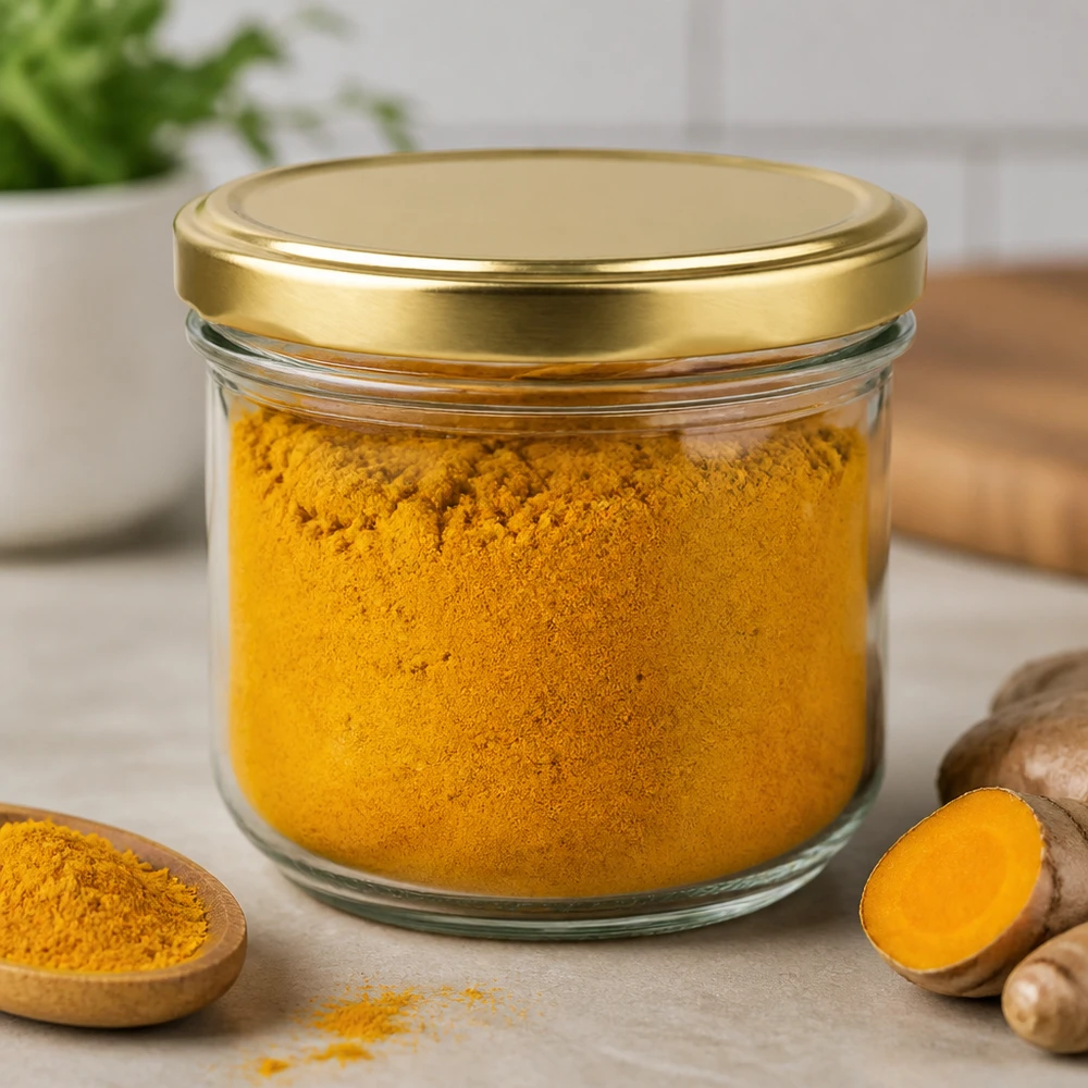 260ml bekers met BasicSeal deksel goud UNiTWIST 260 ml bekers gevuld met kurkumapoeder en BasicSeal deksel goud toont veelzijdig gebruik voor kruiden