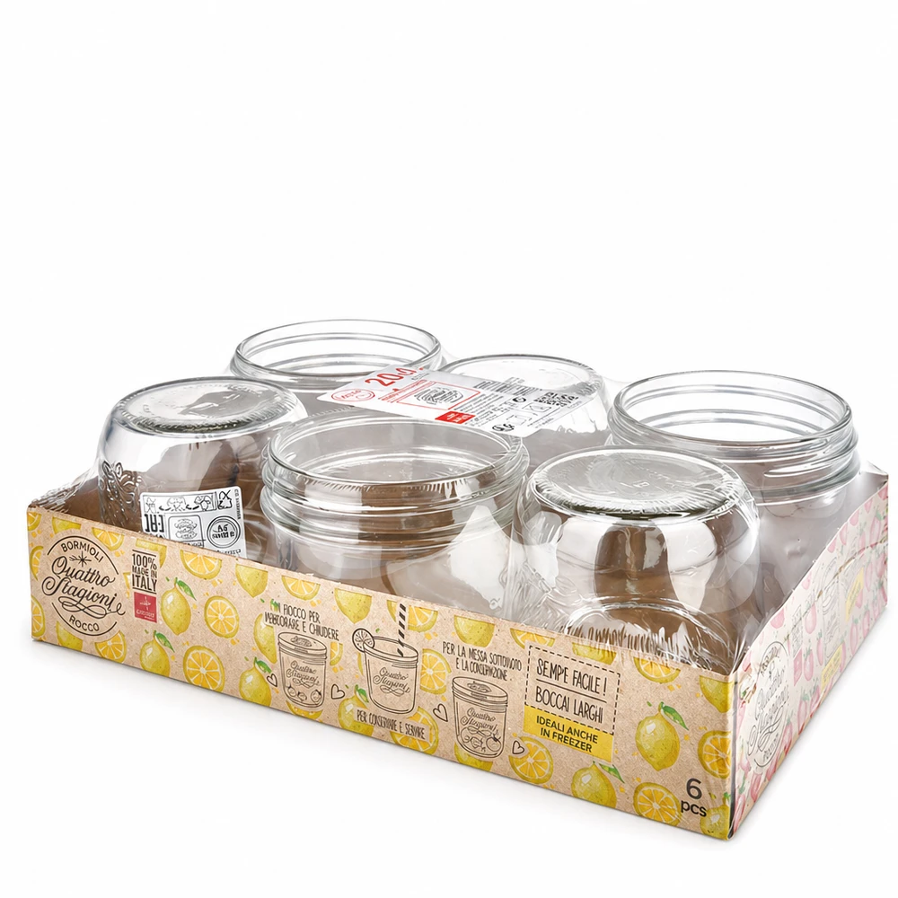 200ml inmaakpot Quattro Stagioni met deksel Set van 6 inmaakpotten uit Italië in gele verpakking