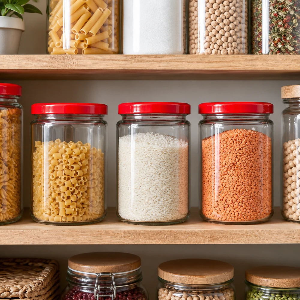 490 ml rond glas + BasicSeal-deksel rood UNiTWIST Rode BasicSeal-deksels op ronde glazen potten van 490 ml met linzen, rijst en pasta in de voorraadkast