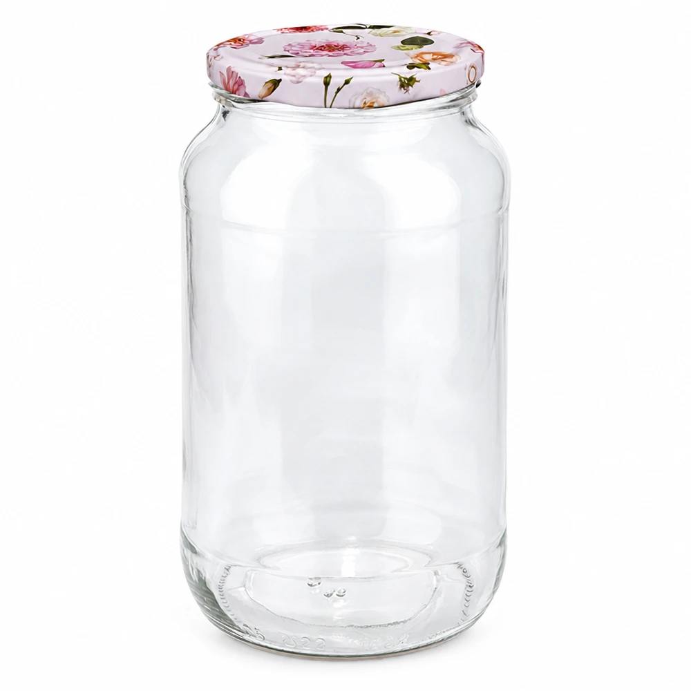 Ronde pot 1062 ml + deksel BasicSeal roze bloem UNiTWIST Ronde pot 1062ml met roze bloem deksel BasicSeal sluiting Voorraadpot Inmaakpot