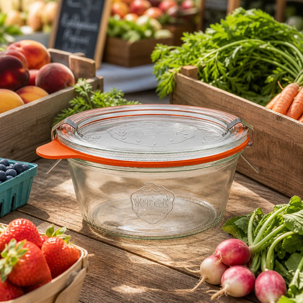 290ml stortglas laag compleet WECK RR80 WECK beker 290ml RR100 met oranje rubberen ring tussen verse markt groenten Fruit om te bewaren