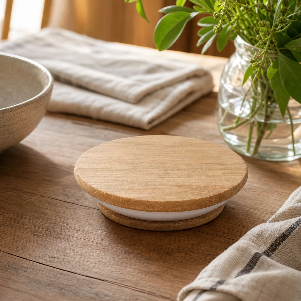 Houten deksel WECK RR80 WECK houten deksel RR80 versie A Lifestyle opname op houten tafel met decoratie toont natuurlijke integratie in de woonomgeving