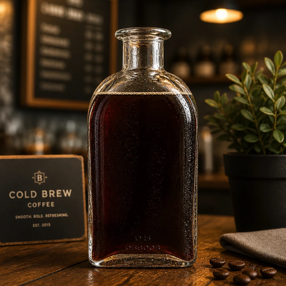500 ml Apothekersfles Julia zonder sluiting UNiTWIST® 500ml Julia glazen fles gevuld met cold brew koffie in café sfeer met koffiebonen en stijlvolle presentatie