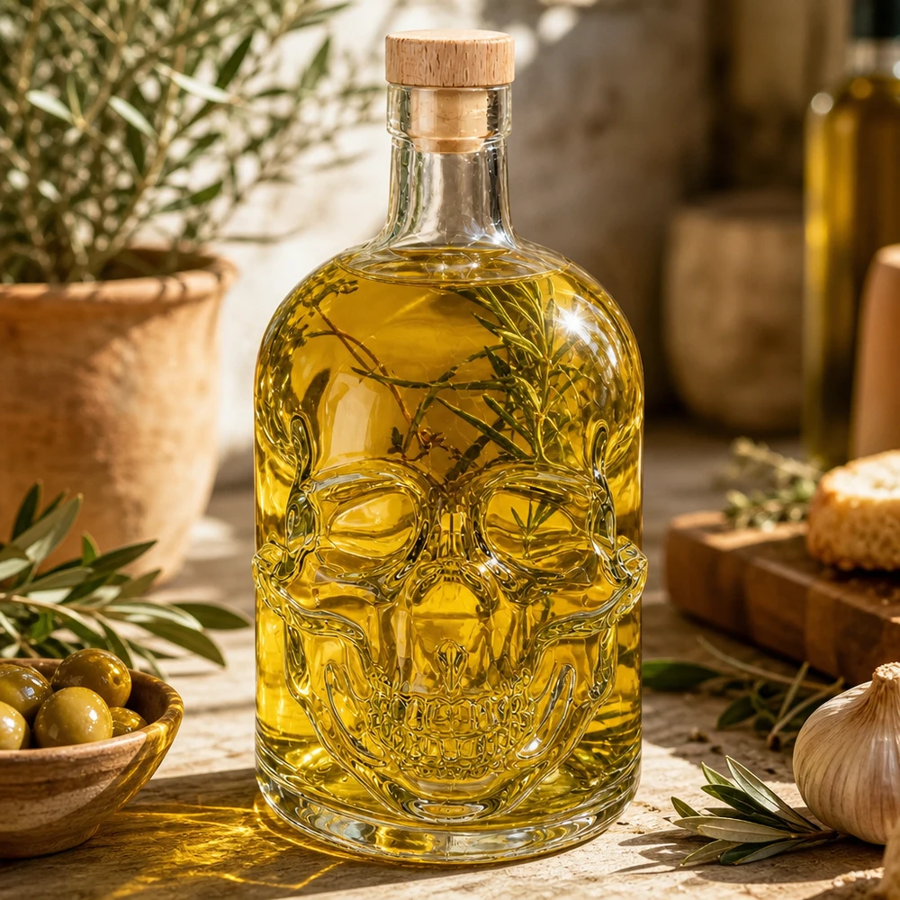 700 ml glazen fles Jack met houten kurk UNiTWIST® Totenkopf-Glasflasche 700ml Jack mit Olivenöl gefüllt, Kräutern und mediterranen Zutaten als Küchendeko