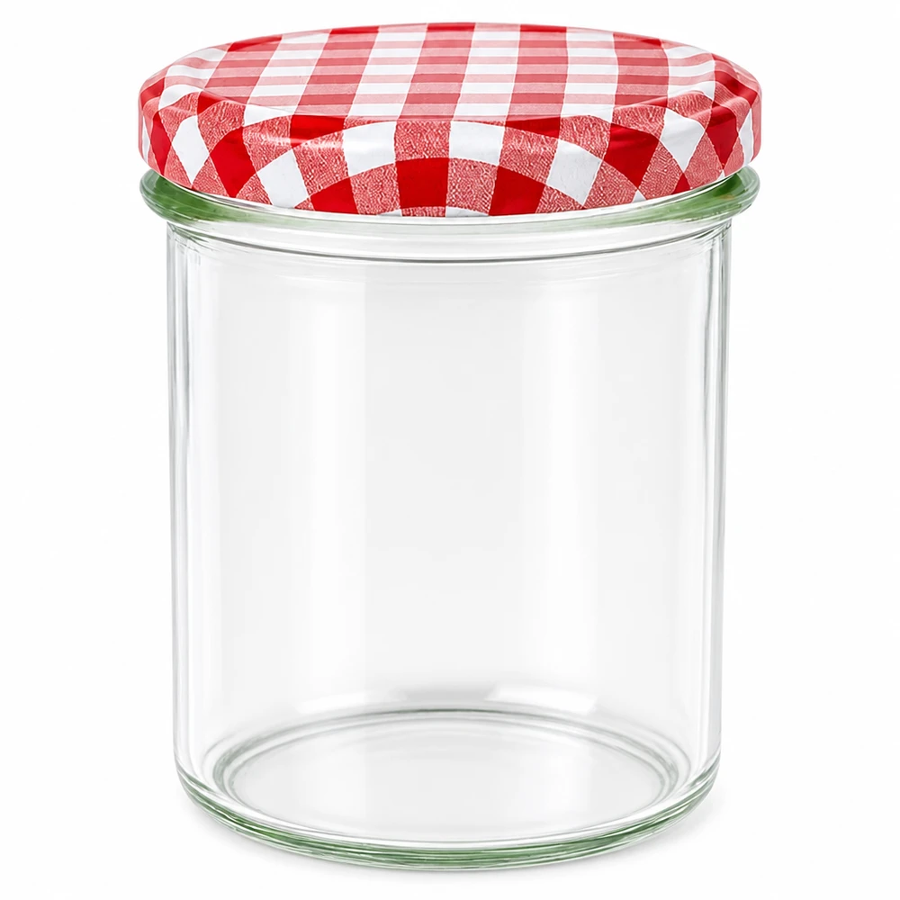 350ml bekers met BasicSeal deksel rood/wit UNiTWIST 350 ml inmaakpot met rood en wit geblokt BasicSeal deksel, lege inmaakpot voor jam en conserven