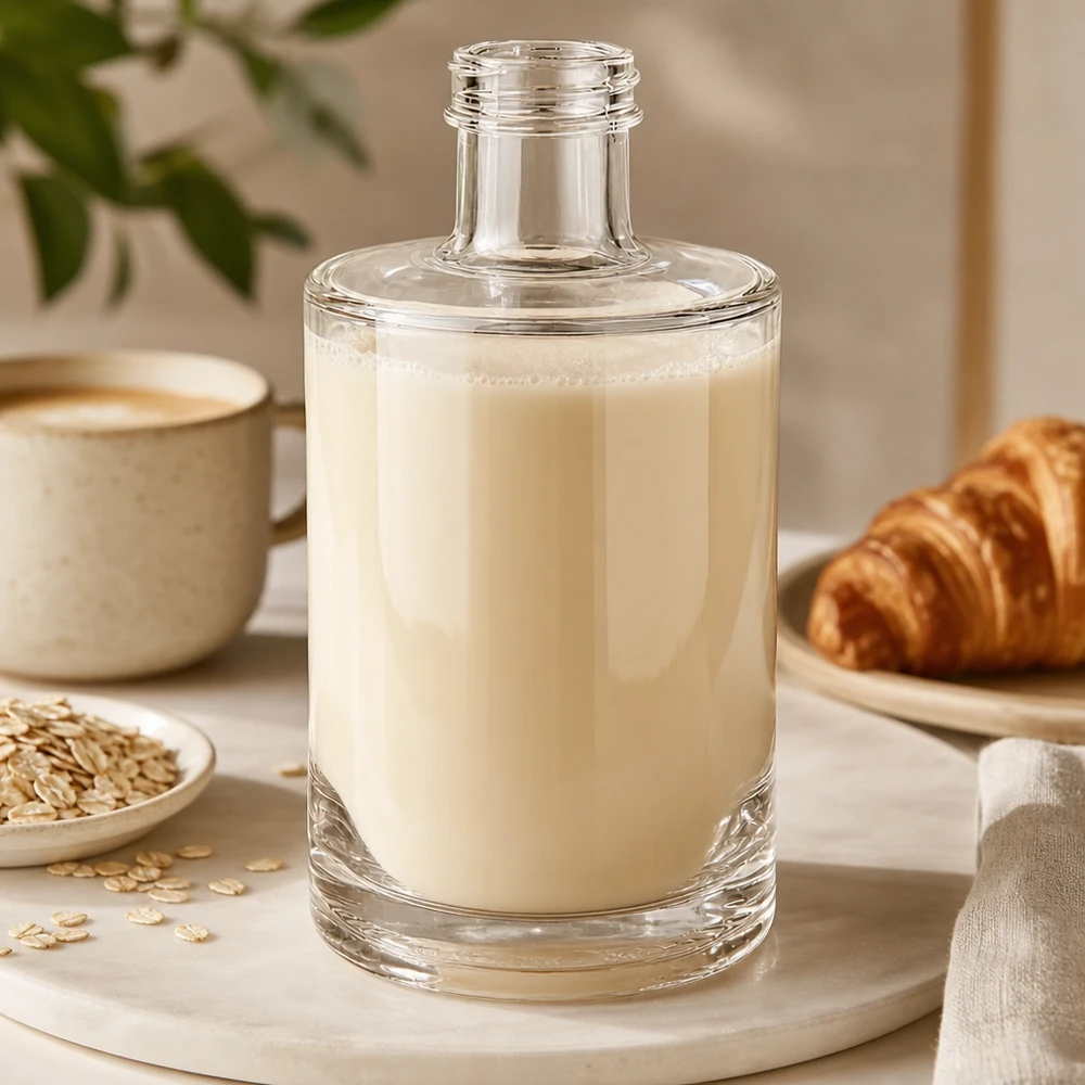 375 ml glazen fles Sam zonder schroefsluiting UNiTWIST® 375 ml glazen fles Sam gevuld met romige havermelk naast croissant en koffiekopje op houten plank