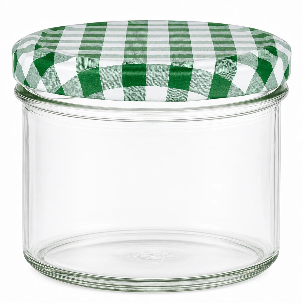 225ml bekers met BasicSeal deksel groen/wit UNiTWIST Sundblers van 225 ml met groen en wit geblokt deksel BasicSeal UN sluiting voor jam en conserven