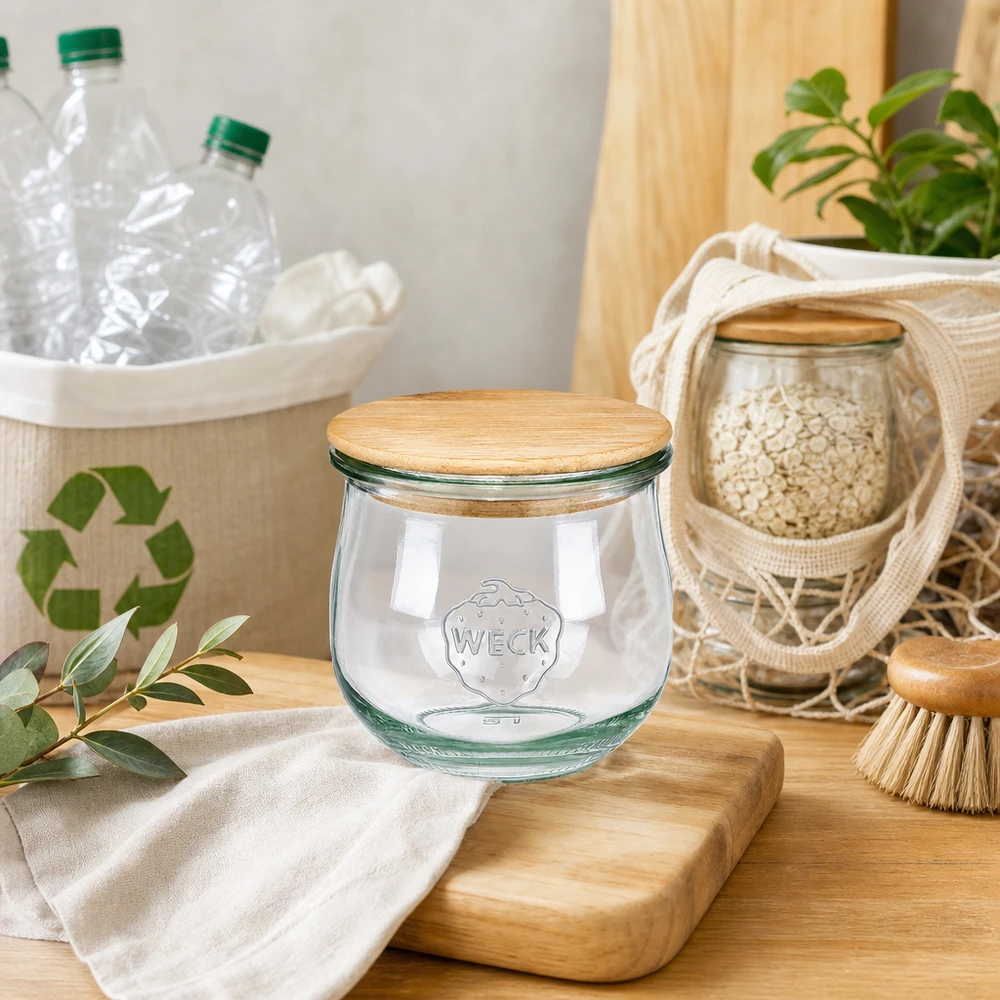 370ml tulpenglas WECK RR80 met hout deksel WECK tulpenpot 370ml RR80 met houten deksel in duurzame zero-waste keuken met gerecycled keukengerei en natuurlijke decoratie