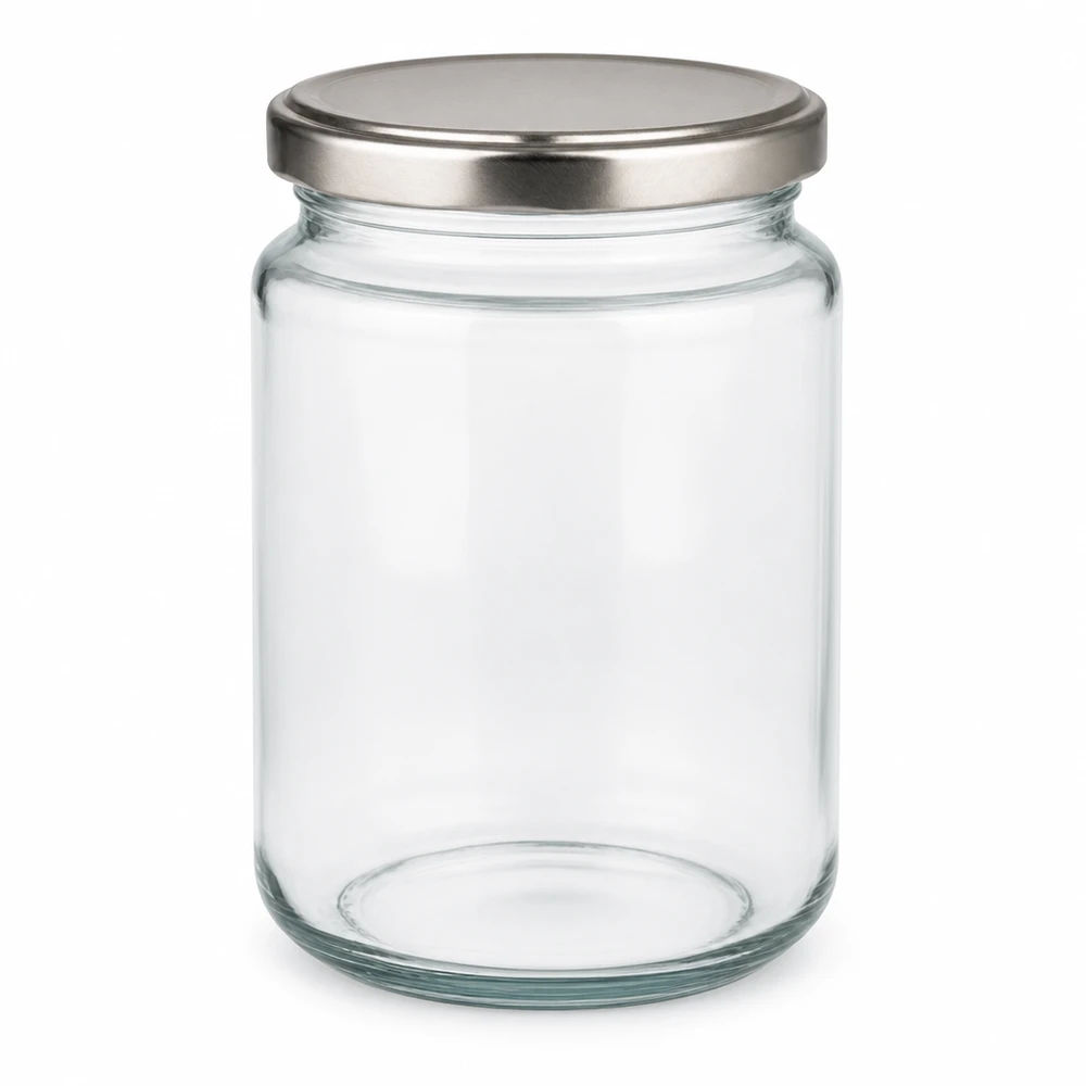 382ml rond glas met BasicSeal deksel zilver UNiTWIST 382ml ronde pot met zilveren BasicSeal deksel leeg op witte achtergrond Inmaakpot Voorraadpot