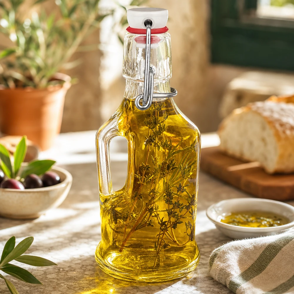 Glazen fles Bertha 200ml gevuld met kruidenolie mediterraan keukentafereel olijfbrood klapdeksel UNiTW
