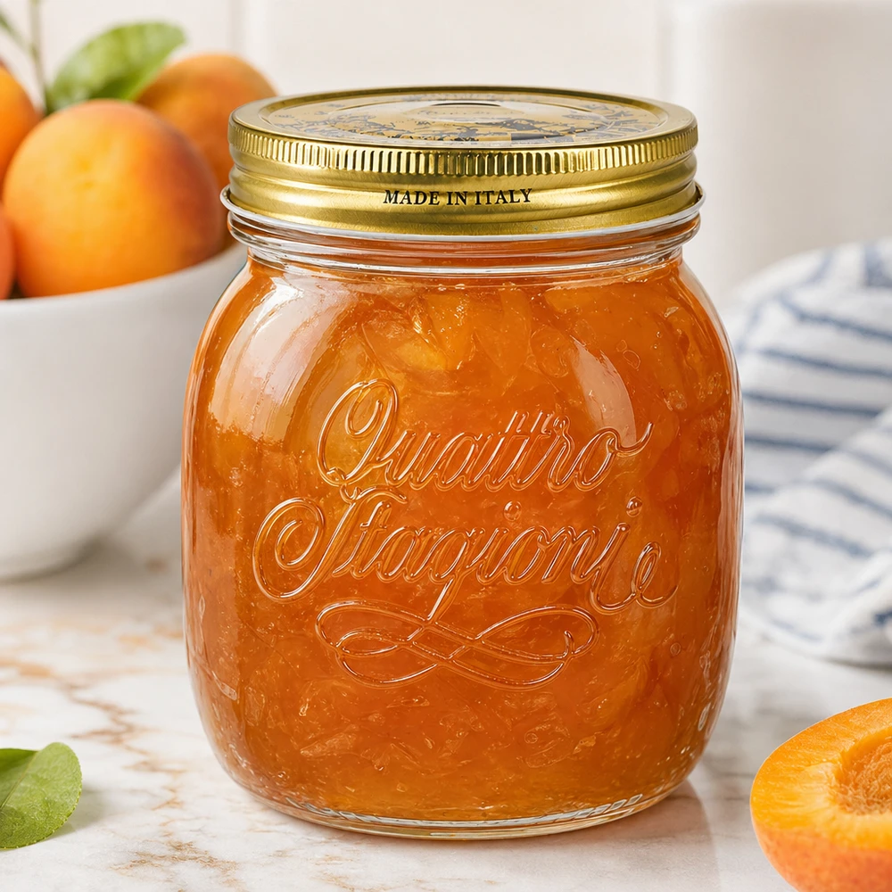 700 ml rond glas "Quattro Stagioni" met deksel Quattro Stagioni 700ml ronde pot gevuld met abrikozenjam Made in Italy Inmaakpot voor jam en smeersels