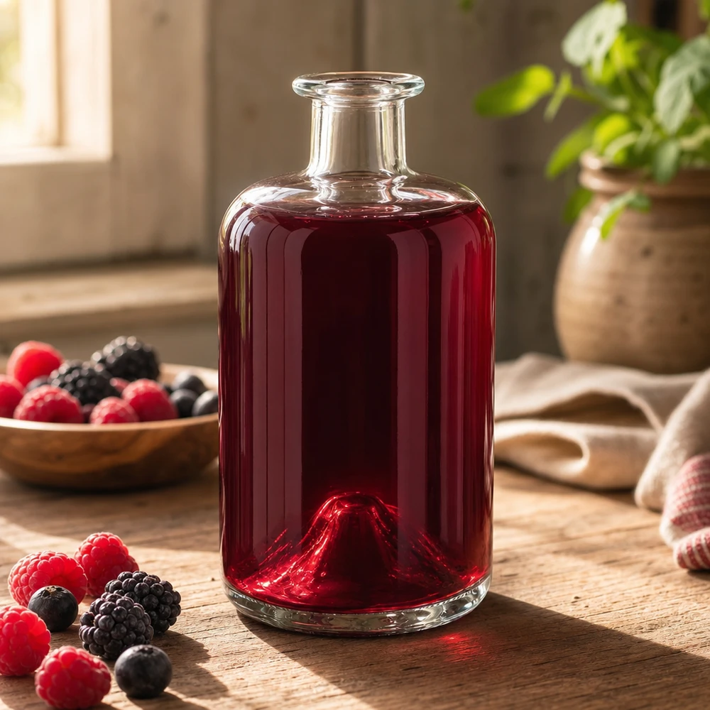 500 ml apothekersfles 500ml Glasflasche "Sofia" ohne Verschluss UNiTWIST zonder sluiting UNiTWIST® 500ml Glasflasche Sofia mit rotem Beerensaft befüllt Himbeeren Brombeeren dekorative Küchendeko Apothekerflasche