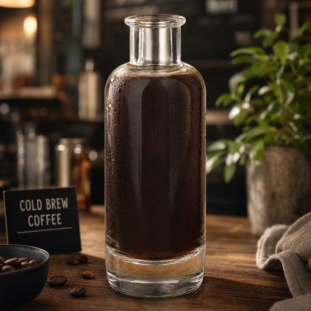 200 ml glazen fles Ella gevuld met cold brew koffie in café sfeer toont gebruik voor koffiedrankjes