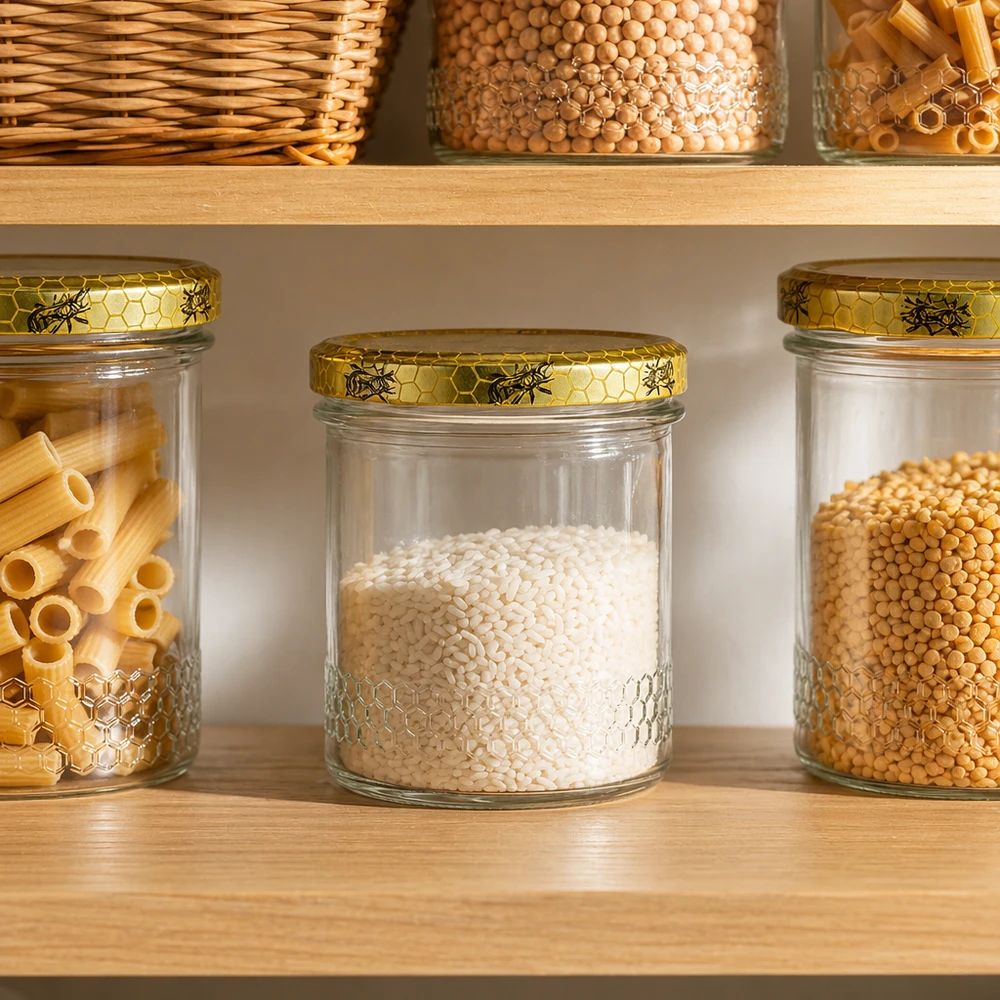 Honingpot 560 g met honingraatmotief-deksel BasicSeal UNiTWIST 400 ml honingpot met honingraatdeksel in georganiseerde voorraadkast keuken, voorraadkast organisatie met pasta en ontbijtgranen