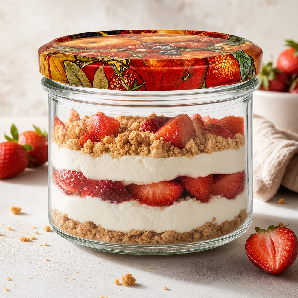 225ml bekers met BasicSeal deksel Fruit decor UNiTWIST 225 ml bekers fruitdecor gevuld met romig aardbeien gelaagd dessert, dessertglas voor tiramisu en parfait