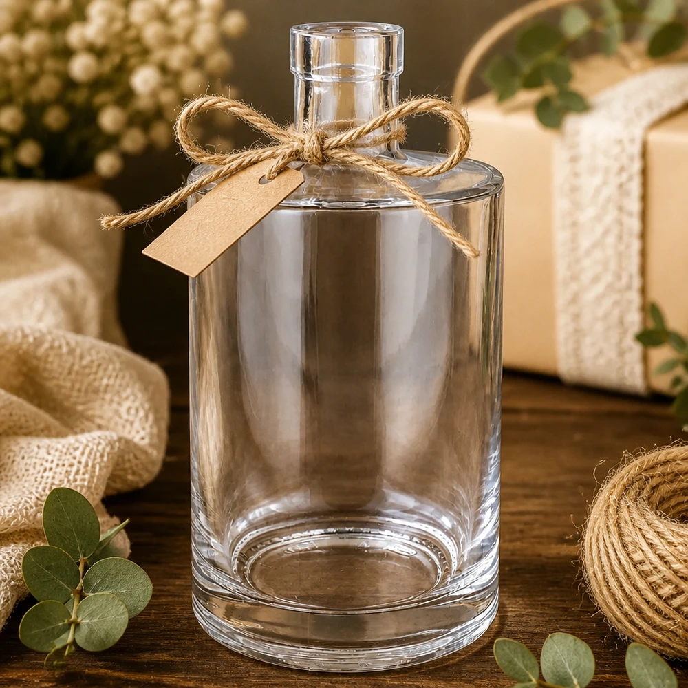 700 ml glazen fles Marie zonder sluiting UNiTWIST® 700 ml glazen fles Marie geschenkverpakking met jute strik en rustiek kraftpapier label