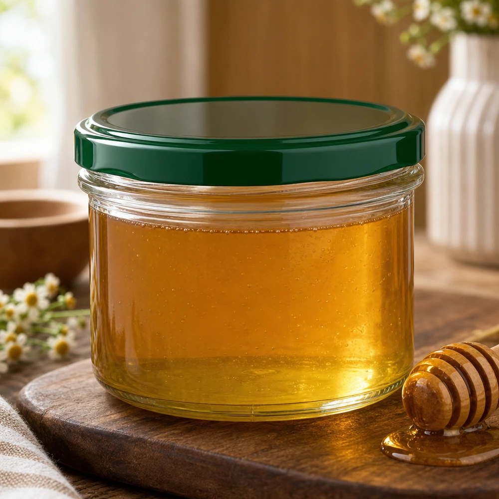 225ml pot BasicSeal groene deksel gevuld met honing naast honinglepel op houten plank natuurlijke keuken decoratie