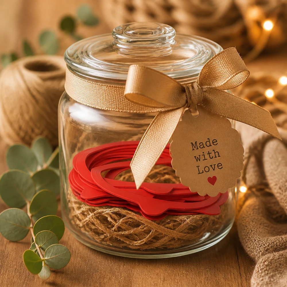 RR120 natuurrubber inmaakringen als cadeau in een decoratieve glazen pot met een gouden strik en Made with Love label
