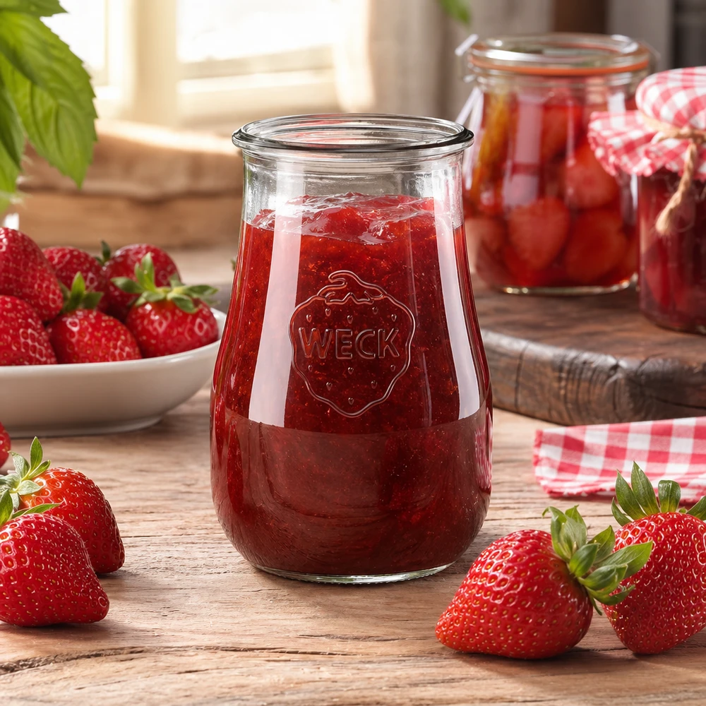 WECK tulpenpot 1750ml RR100 gevuld met aardbeienjam omringd door verse aardbeien op een houten tafel jampot
