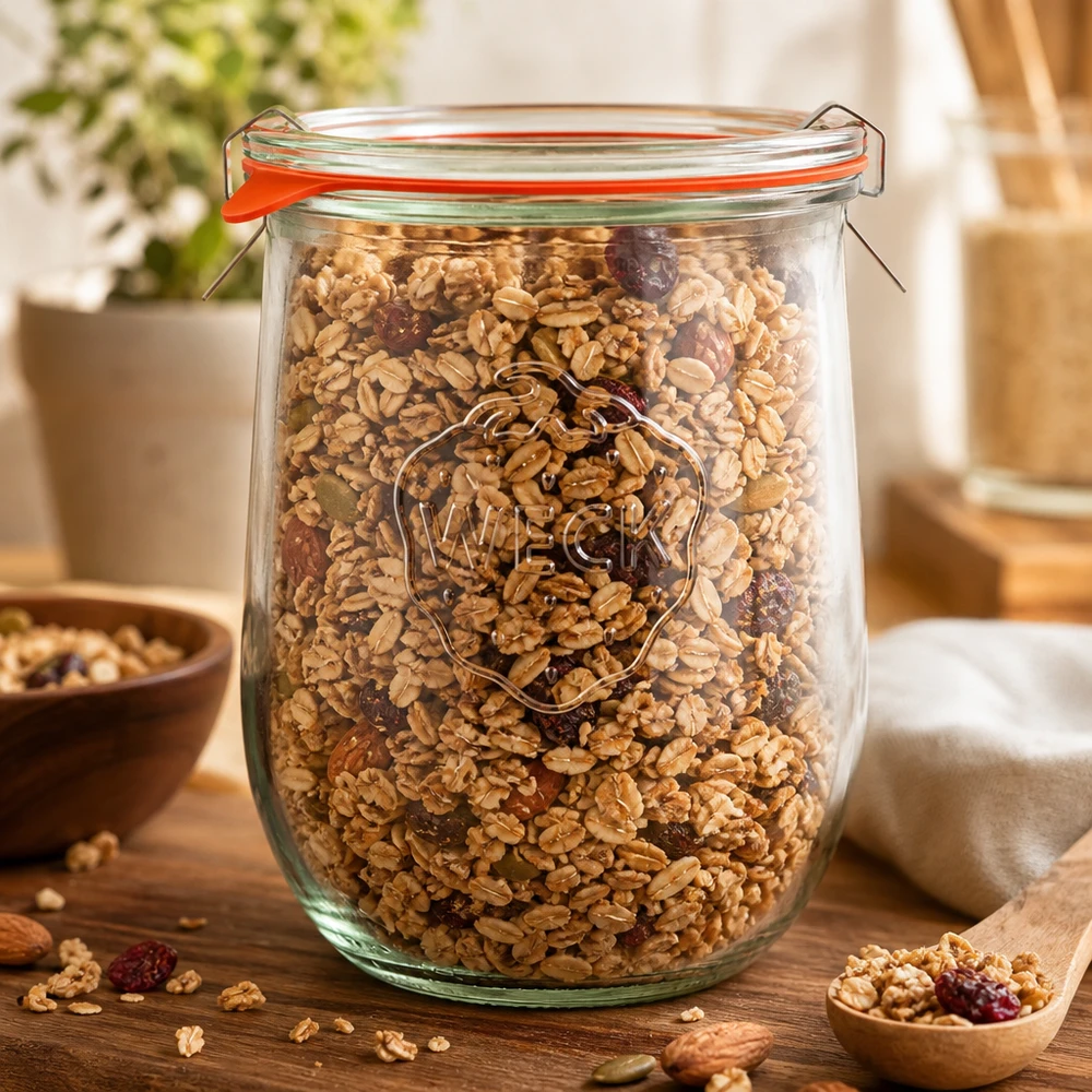 WECK 1062ml tulpenpot RR100 gevuld met muesli en noten als voorraadpot in de keuken met klapdeksel